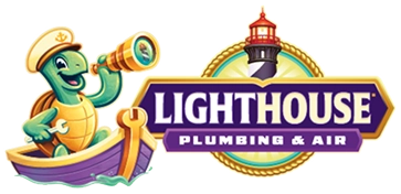 Cartoon turtle in a sailor hat holding a wrench and telescope in a boat next to "Lighthouse Plumbing & Air" logo featuring a lighthouse.