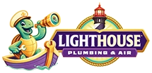 A cartoon turtle in a sailor hat holds a wrench and telescope in a boat next to the Lighthouse Plumbing & Air logo with a lighthouse graphic.