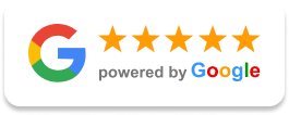 Google logo next to five gold stars and the text "powered by Google" on a white background.