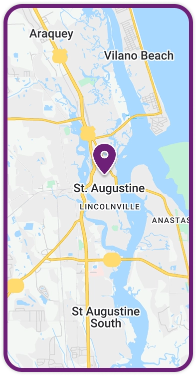 Map showing St. Augustine, Florida area with a location pin marking the center of St. Augustine, including nearby areas like Vilano Beach and Lincolnville.