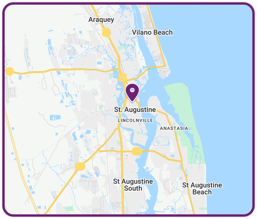 Map showing the location of St. Augustine, Florida, marked with a pin, along with nearby areas including Araquey, Vilano Beach, and St. Augustine Beach.