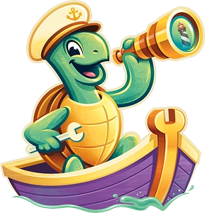 Cartoon turtle wearing a captain’s hat, holding a wrench and a telescope, sitting in a purple boat shaped like a wrench.